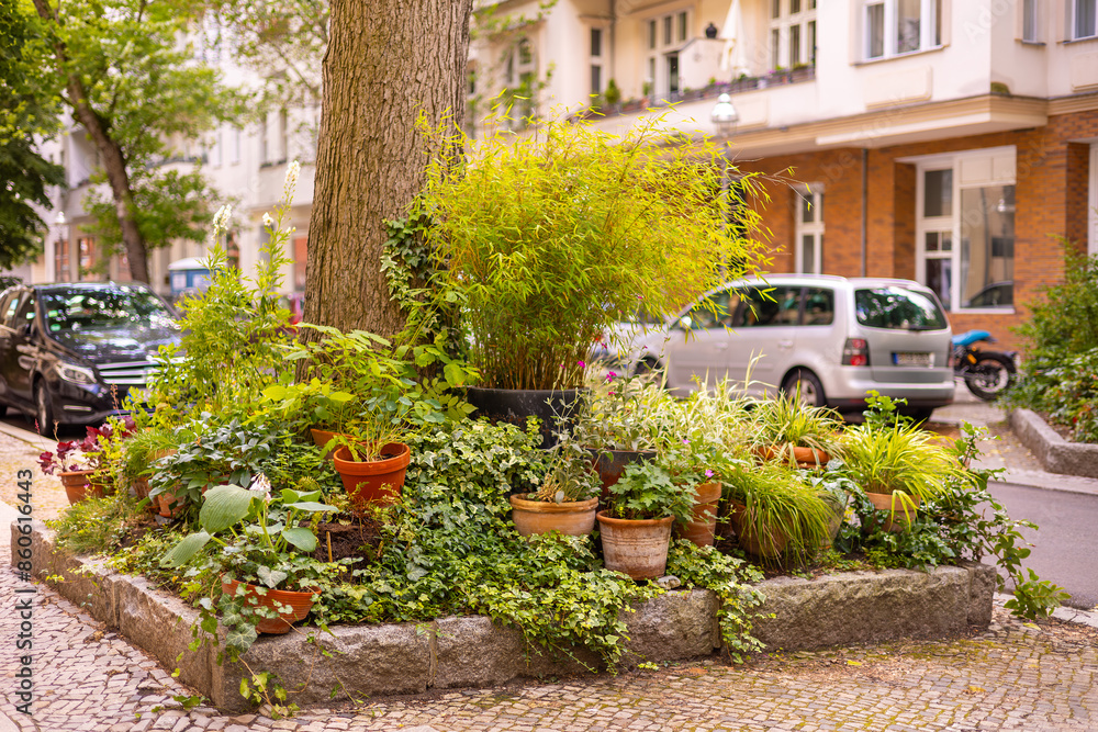 Fototapeta premium Buntes Blumenbeet in einer Großstadt mit Blumentöpfen an einer Baumscheibe / Urban Gardening 