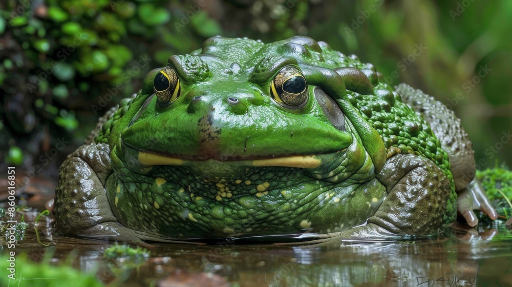 Fototapeta premium A large frog, primarily green, rests in a shallow pond amidst lush greenery, with detailed textures of its skin and surroundings captured in a natural, forest setting.