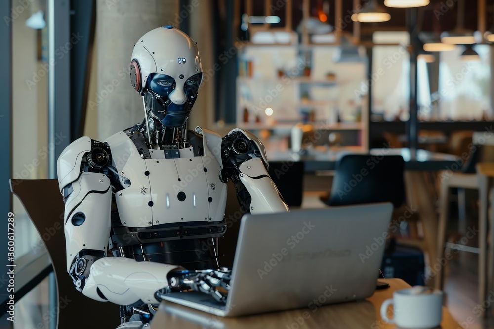 Fototapeta premium Futuristic robot working on laptop in modern cafe. High-tech atmosphere with robotic figure. Conceptual AI image illustrating technology's integration into daily life. Generative AI