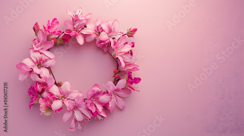 Flowers composition Wreath made of pink flowers on pink background Flat lay top view copy space : Generative AI