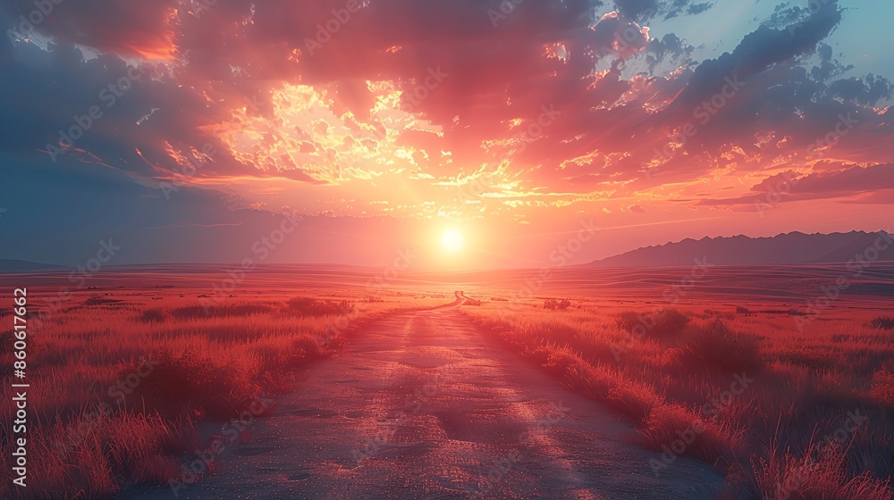 Spiritual Sunset A serene sunset over a tranquil landscape, offering ample space around for adding spiritual and meditative text