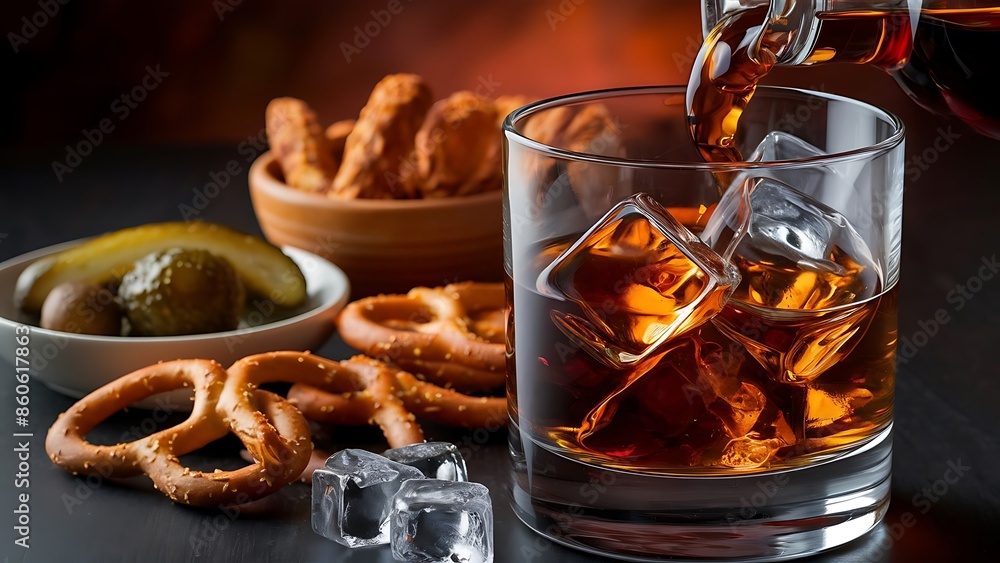 Glass of whiskey with ice cubes and salty snacks on the background Glass of whiskey with ice cubes and salty snacks on the background