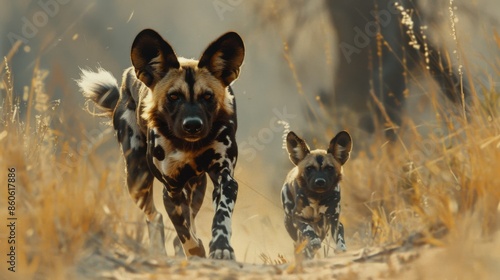 Two African wild dogs run eagerly through the savannah, their synchronized motions and focused expressions captured beautifully in the midst of the golden grass.