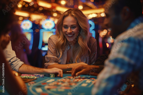 a woman smiling while playing roulette at a casino