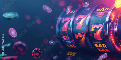 slot machine casino games and gambling chips 3d render banner