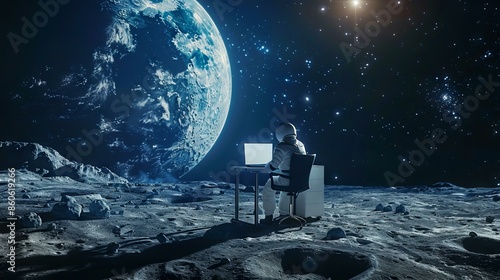 Astronaut working on laptop on the moon. An astronaut working on a laptop with Earth in the background, perfect for space exploration and technology themes.