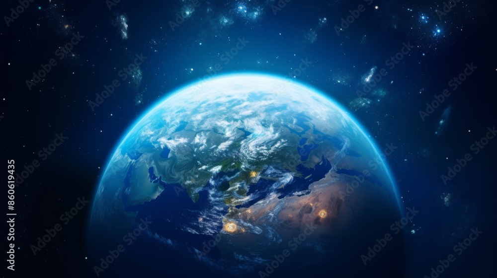 A stunning view of Earth as seen from space, showcasing the planet's vibrant colors and terrains, encapsulated by the vastness of the universe and galaxy formations around. A stunning view of Earth as seen from space, showcasing the planet's vibrant colors and terrains, encapsulated by the vastness of the universe and galaxy formations around.