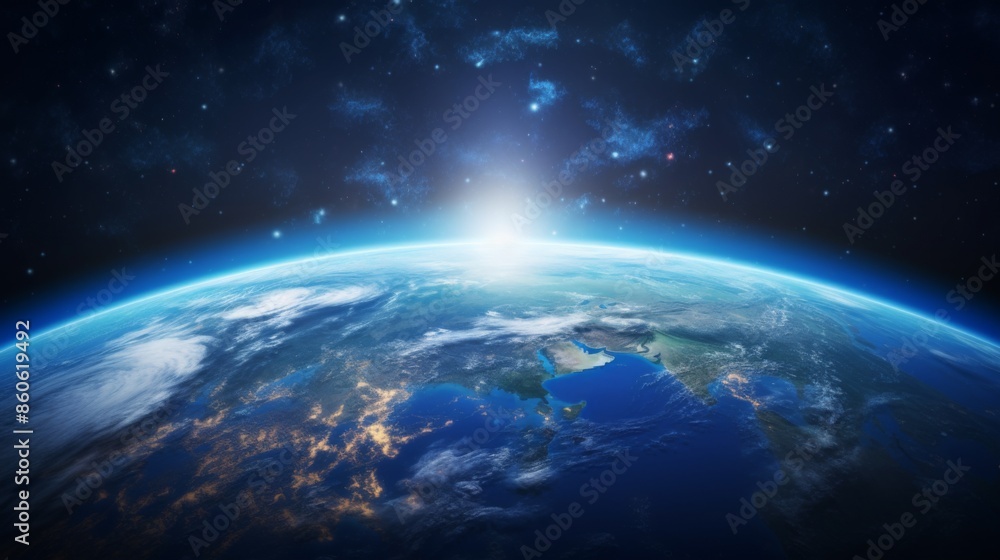 An awe-inspiring image of planet Earth captured from outer space, where a breathtaking sunrise is casting a beautiful glow over the horizon, lighting up the curvature. An awe-inspiring image of planet Earth captured from outer space, where a breathtaking sunrise is casting a beautiful glow over the horizon, lighting up the curvature.