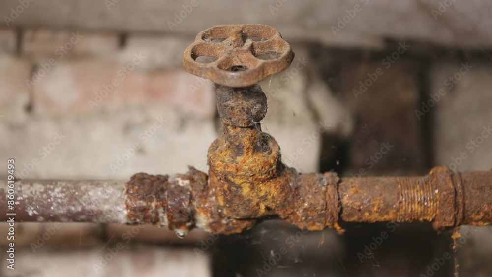 Old rusty water tap in the basement. The water valve is covered with rust. Old rusty water tap in the basement. The water valve is covered with rust.