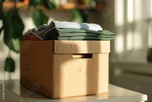 Close-up of a cardboard box filled with neatly folded clothes in a sunlit room, highlighting organization and simplicity. photo