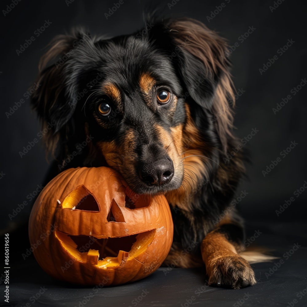 A delightful dog poses warmly with its head gently resting on a carved Jack-o'-lantern, illuminating the atmosphere with a sense of festivity and endearing affection. A delightful dog poses warmly with its head gently resting on a carved Jack-o'-lantern, illuminating the atmosphere with a sense of festivity and endearing affection.