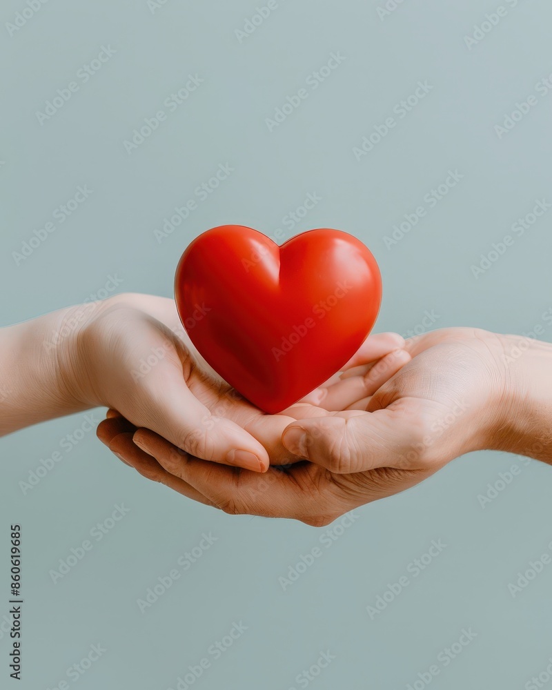 Two hands gently holding a red heart, symbolizing love, care, and nurturing. Light blue background provides a calming atmosphere. Two hands gently holding a red heart, symbolizing love, care, and nurturing. Light blue background provides a calming atmosphere.