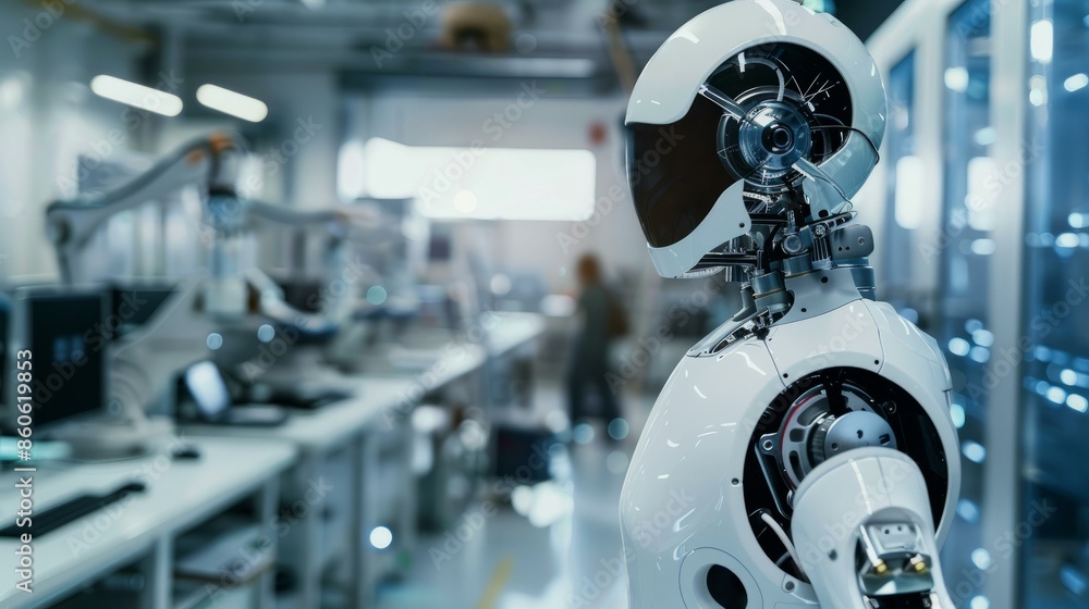 Modern robot in a high tech research laboratory. White humanoid robot standing in modern laboratory facility analyzing data. Modern robot in a high tech research laboratory. White humanoid robot standing in modern laboratory facility analyzing data.