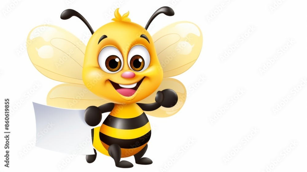 Cartoon bee character with yellow and black stripes holding a blank white banner sign. The bee has wings and antennae, and is smiling cheerfully. Cartoon bee character with yellow and black stripes holding a blank white banner sign. The bee has wings and antennae, and is smiling cheerfully.