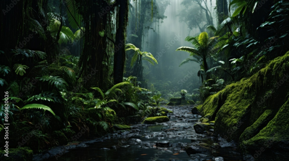 A lush forest with vibrant green foliage and sunbeams piercing through the canopy, casting light on the rocky stream below, creating a serene atmosphere. A lush forest with vibrant green foliage and sunbeams piercing through the canopy, casting light on the rocky stream below, creating a serene atmosphere.