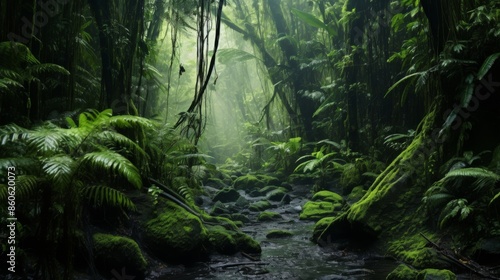 An image capturing the density of a jungle with rays of sunlight illuminating the thicket and moss-covered rocks, creating an almost mystical atmosphere. © Helen