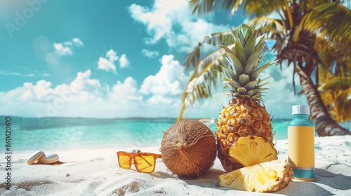 Tropical Beach Scene with Pineapple and Coconut, Generative AI
