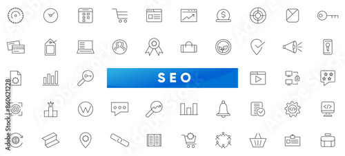 Seo line icon set. Search Engine Optimization. Business and marketing, traffic, ranking icon pack. Marketing and Search Engine Optimization outline icons collection. UI thin outline icons pack.