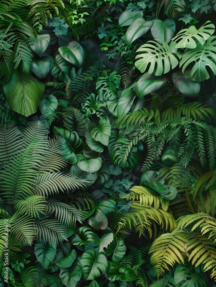 Fototapeta premium A vibrant and dense tropical rainforest with various plant species, showcasing the beauty of nature. Generative AI