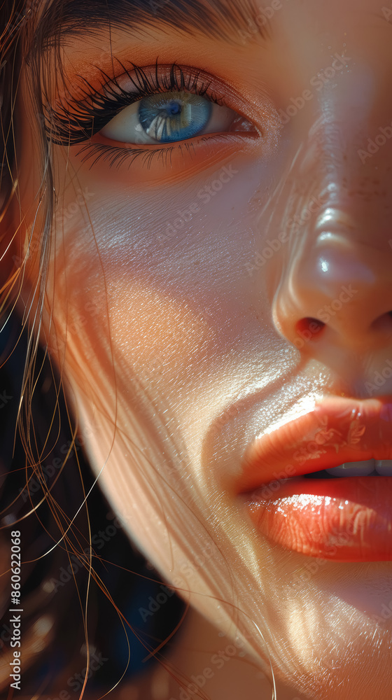 Closeup shot of young girl's face with large blue eyes. Image can be used for aesthetic clinic or beauty salon promotion material, banner, ad. Closeup shot of young girl's face with large blue eyes. Image can be used for aesthetic clinic or beauty salon promotion material, banner, ad.