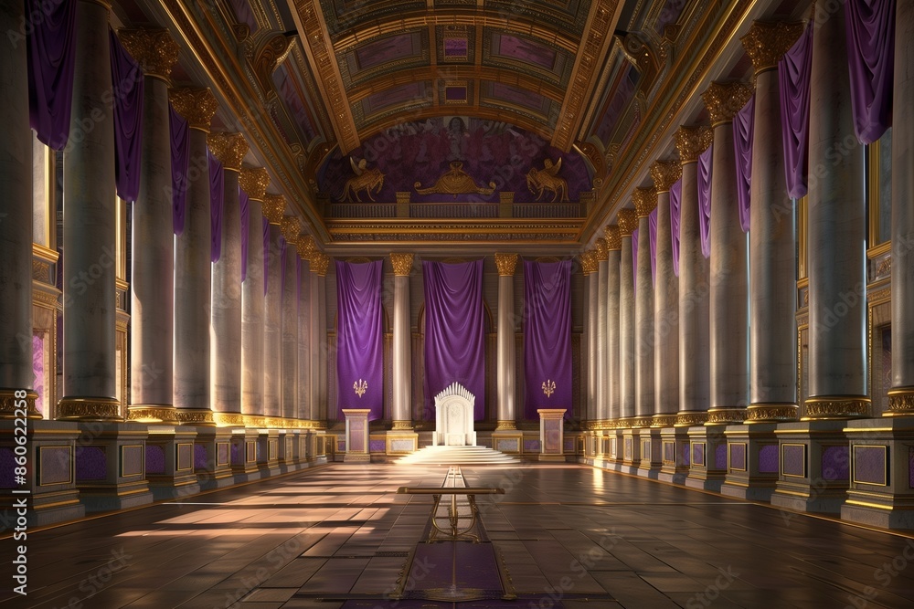 Obraz premium An empty throne hall adorned with rich purple and gold decor, with a central white throne. The throne is highlighted by the hall's dramatic lighting and high ceilings, giving it a regal presence.