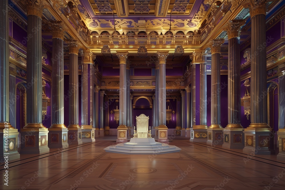 Fototapeta premium An empty throne hall adorned with rich purple and gold décor, with a central white throne. The throne is highlighted by the hall's dramatic lighting and high ceilings, giving it a regal presence.