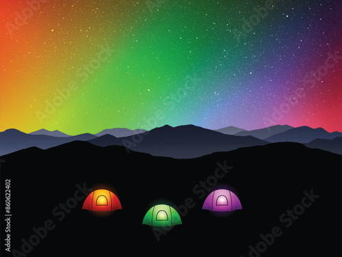 Colorful tents at night. Camping in mountains. Rainbow aurora borealis
