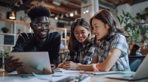 A diverse group of individuals is seen discussing project ideas energetically in a modern workspace, with laptops and paperwork spread out, showing creativity and collaboration.