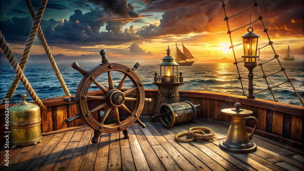 Fototapeta premium Nautical-themed pirate game background featuring a helmed ship deck with cannons, black-sailed mast, treasure map, lantern, and compass.