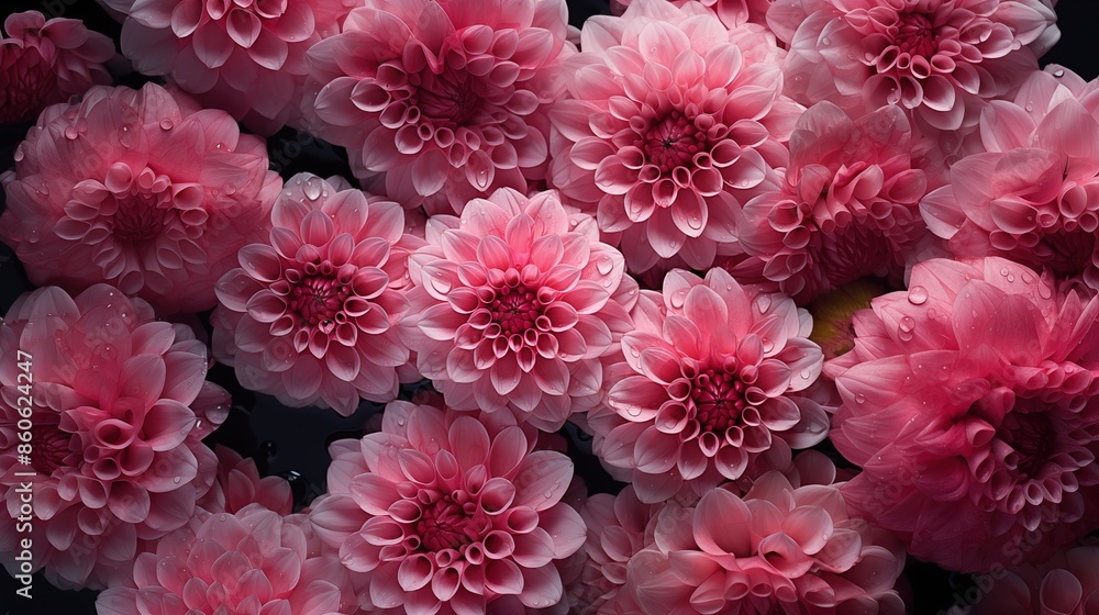 Dahlia flowers beauty texture. A close-up of multiple pink dahlia flowers with water droplets on the petals. Filled on full screen. Dahlia flowers beauty texture. A close-up of multiple pink dahlia flowers with water droplets on the petals. Filled on full screen.