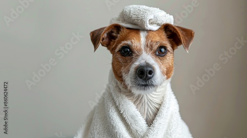 After the bath, the groomer or veterinarian drys the dog with a towel. Animal spa and hygiene concept in pet grooming salon. Hair care and hygiene products for animals.