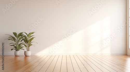 Empty white room with a wooden floor and plants. © Muzamil