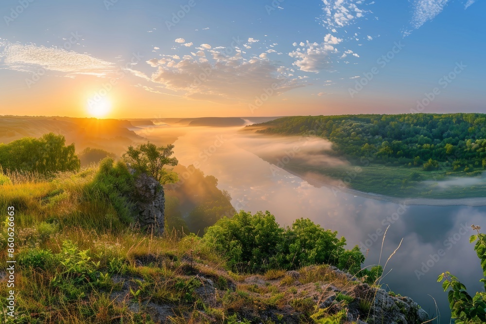 Summer panorama on a sunny day with sunrise, fog, and river in the picturesque landscape Summer panorama on a sunny day with sunrise, fog, and river in the picturesque landscape