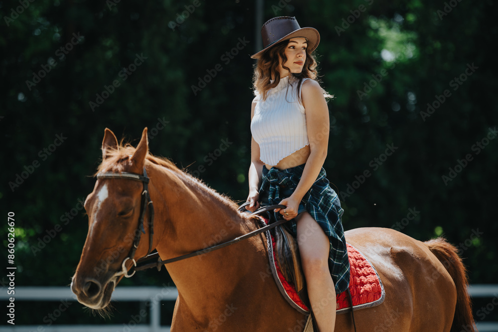 A young woman wearing a hat rides a brown horse in a sunny outdoor setting, showcasing an equestrian lifestyle and connection with nature. A young woman wearing a hat rides a brown horse in a sunny outdoor setting, showcasing an equestrian lifestyle and connection with nature.
