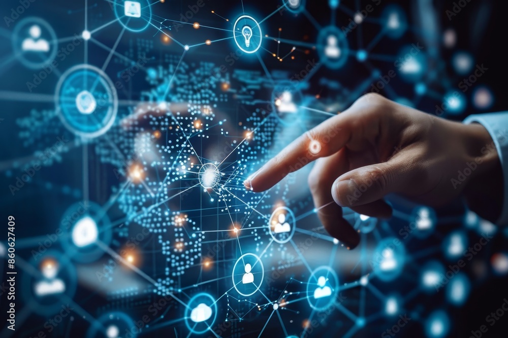 Businessman interacting with digital icons on virtual screen, global network concept, blue theme Businessman interacting with digital icons on virtual screen, global network concept, blue theme