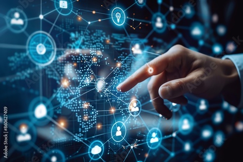 Businessman interacting with digital icons on virtual screen, global network concept, blue theme