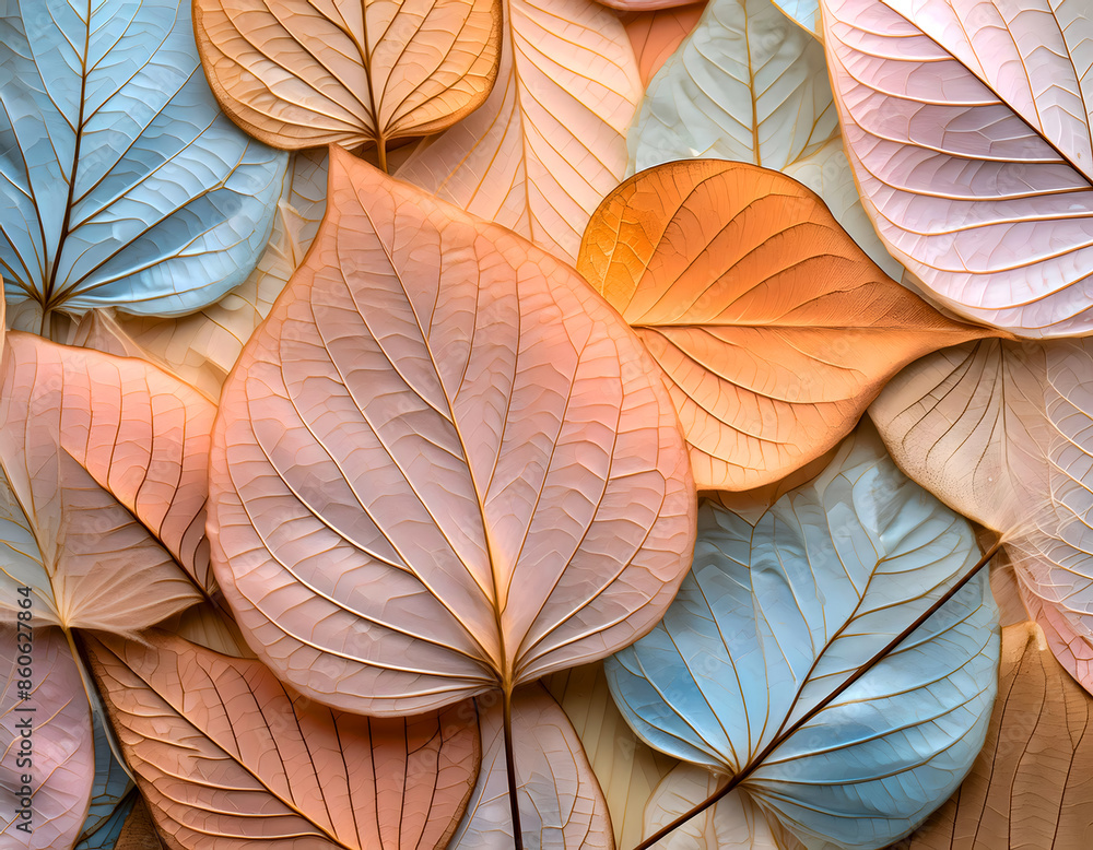A close up of a bunch of pastel color leaves with water droplets on them