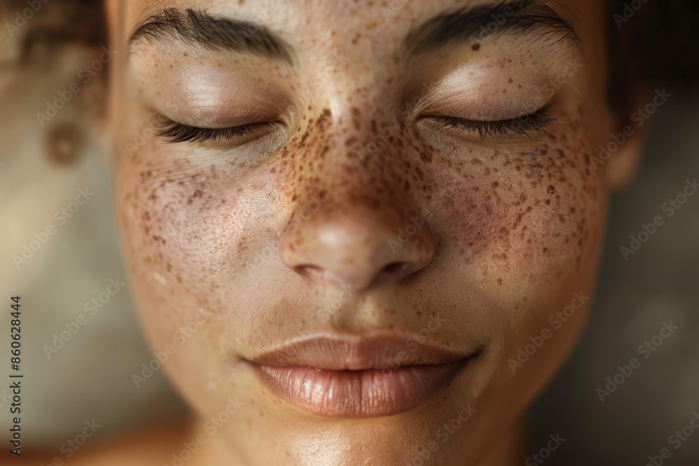 Close up capturing mixed race woman s freckles with eyes closed, enhanced by artificial intelligence Close up capturing mixed race woman s freckles with eyes closed, enhanced by artificial intelligence