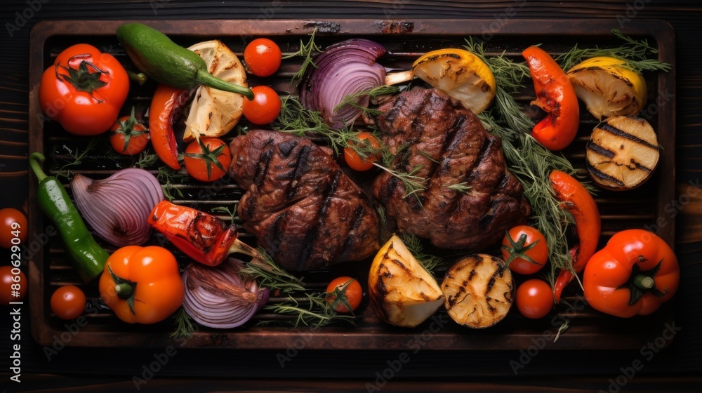 Perfectly grilled meat surrounded by fresh grilled vegetables including tomatoes, peppers, and onions, served on a rustic wooden platter for a hearty and satisfying meal. Perfectly grilled meat surrounded by fresh grilled vegetables including tomatoes, peppers, and onions, served on a rustic wooden platter for a hearty and satisfying meal.