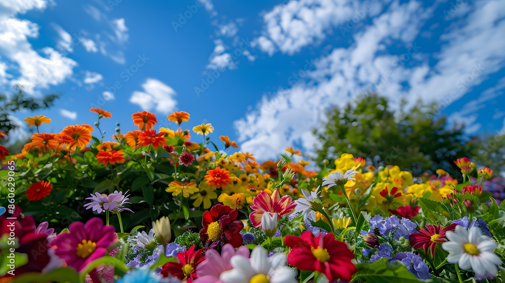 flowerbed colorful flowers over blue sky : Generative AI flowerbed colorful flowers over blue sky : Generative AI