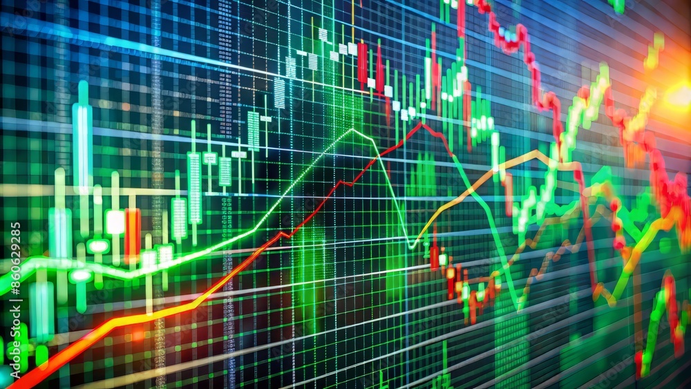 Colorful chart with green and red lines showing market fluctuation on a large screen surrounded by various financial indicators. Colorful chart with green and red lines showing market fluctuation on a large screen surrounded by various financial indicators.