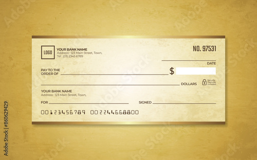 Blank bank check. Checkbook cheque template. Checkbook cheque template with brown theme. Money payment voucher or pay cash cheque certificate.