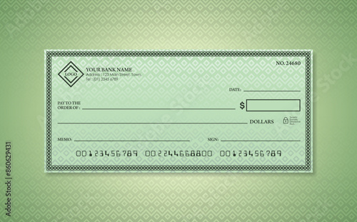 Blank bank check. Checkbook cheque template. Checkbook cheque template with green theme. Money payment voucher or pay cash cheque certificate.
