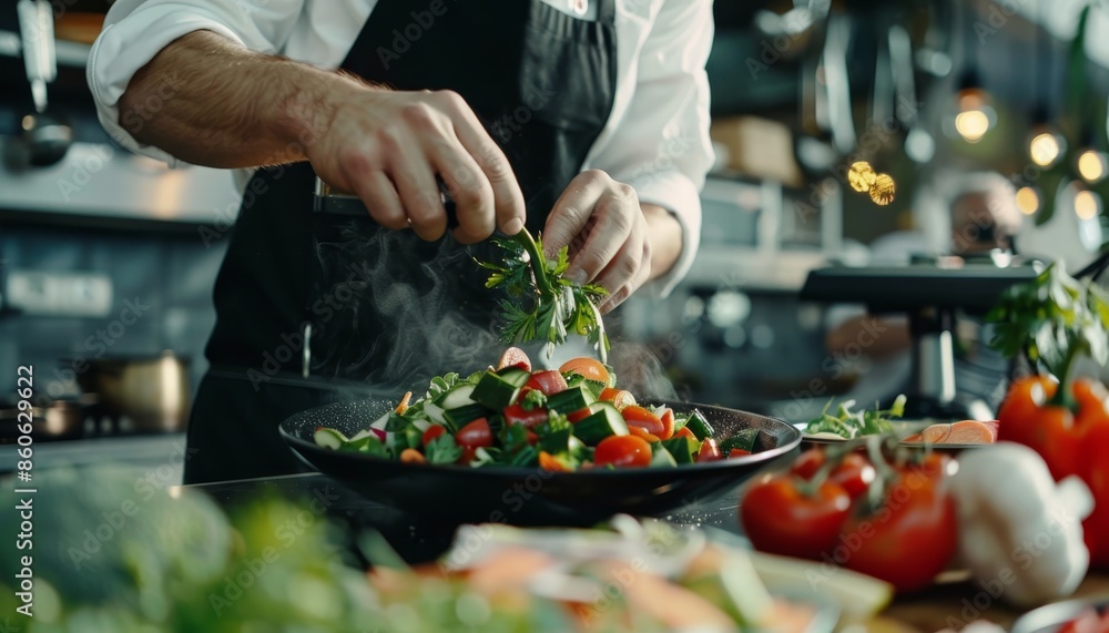 Experienced chef prepares garden fresh salad in modern restaurant kitchen for exquisite dining Experienced chef prepares garden fresh salad in modern restaurant kitchen for exquisite dining
