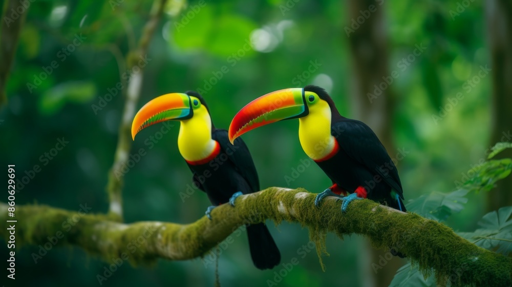 Two toucans with vibrant plumage sitting together on a branch, surrounded by the dense, lush foliage of a jungle, highlighting their vivid colors. Two toucans with vibrant plumage sitting together on a branch, surrounded by the dense, lush foliage of a jungle, highlighting their vivid colors.
