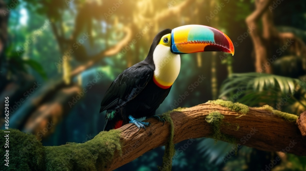 Fototapeta premium A colorful toucan with a strikingly vibrant beak perches gracefully on a moss-covered branch bathed in sunlight, set against a backdrop of lush rainforest foliage, embodying natural beauty.