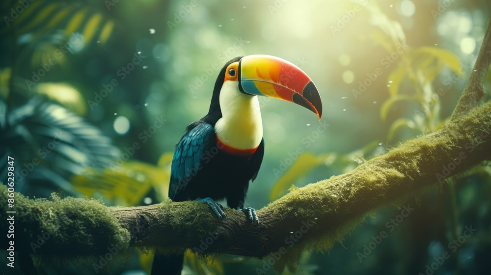 This image features a vibrant toucan standing on a moss-covered branch, surrounded by dense and lush rainforest foliage illuminated by soft sunlight. This image features a vibrant toucan standing on a moss-covered branch, surrounded by dense and lush rainforest foliage illuminated by soft sunlight.