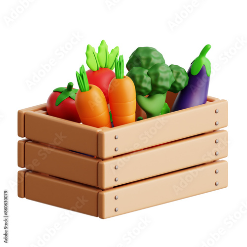 Fresh Vegetables and fruit in wooden box harvest product 3d icon illustration render design