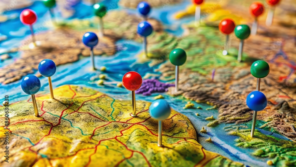 Vibrant colored pushpins piercing a detailed topographic map's crinkled surface, emphasizing significant geographical locations with precision and visual appeal. Vibrant colored pushpins piercing a detailed topographic map's crinkled surface, emphasizing significant geographical locations with precision and visual appeal.