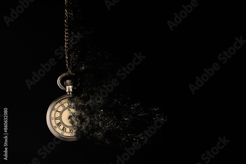 Vintage pocket watch with chain dissolving on black background. Fleeting time